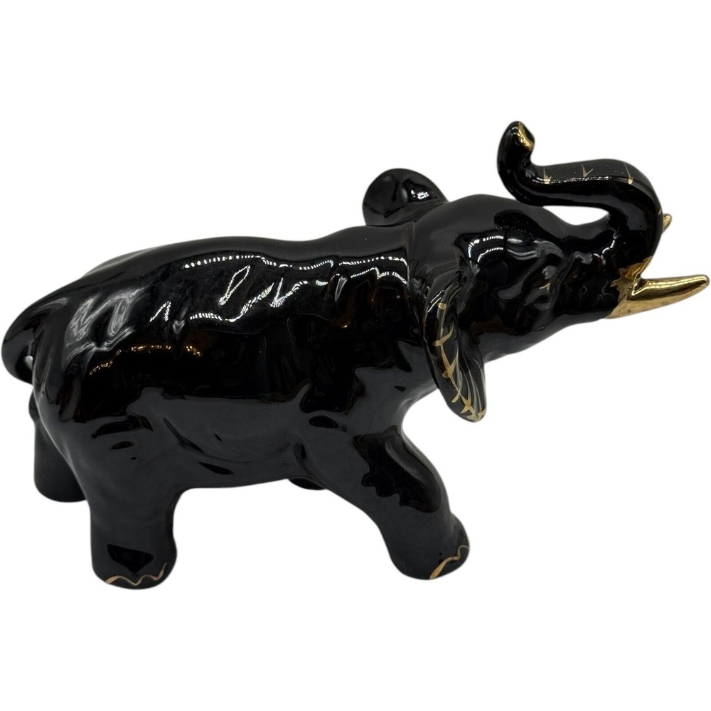 Black Elephant Figurine Gold Accents Ceramic Animal Statue Home Decor - Picture 3 of 9